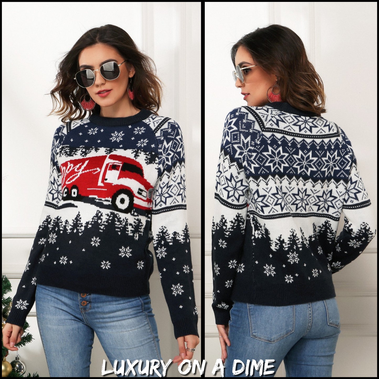 HAPPY Semi Truck Knit Fair Isle Geometric Snowflake Classic Pullover Winter Sweater