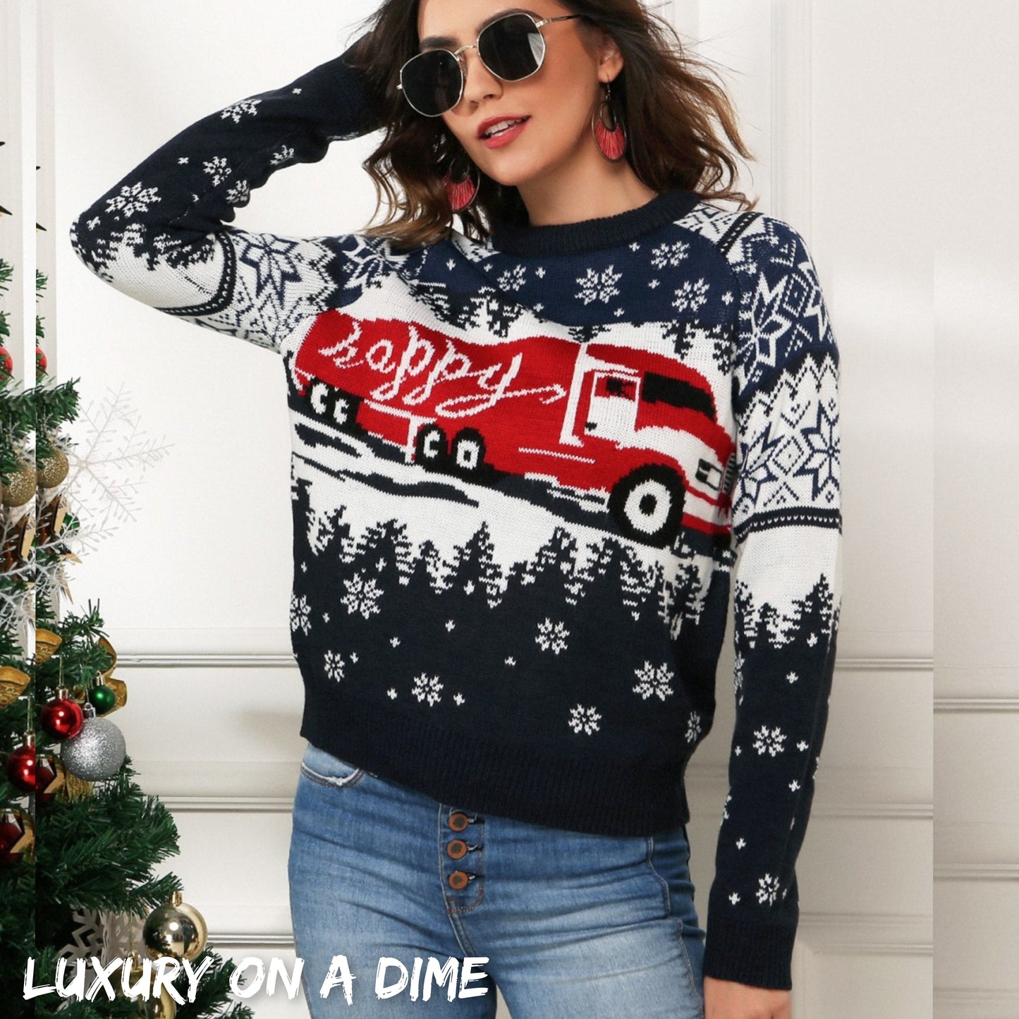 HAPPY Semi Truck Knit Fair Isle Geometric Snowflake Classic Pullover Winter Sweater