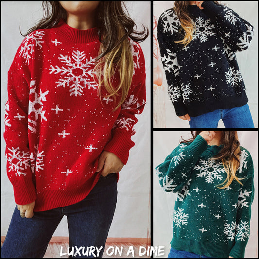 Color Contrast Snowflake Round Neck Long Sleeve Minimalist Winter Sweater