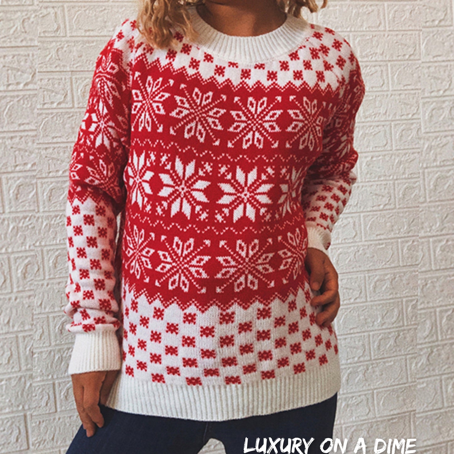Fair Isle Color Contrast Winter Snowflake Long Sleeve Minimalist Sweater