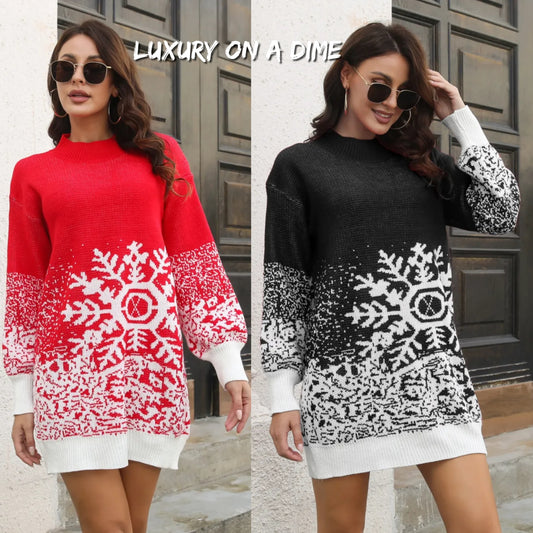 Contrasting Color Snowflake Classic Knit Long Sleeve Mini Sweater Dress