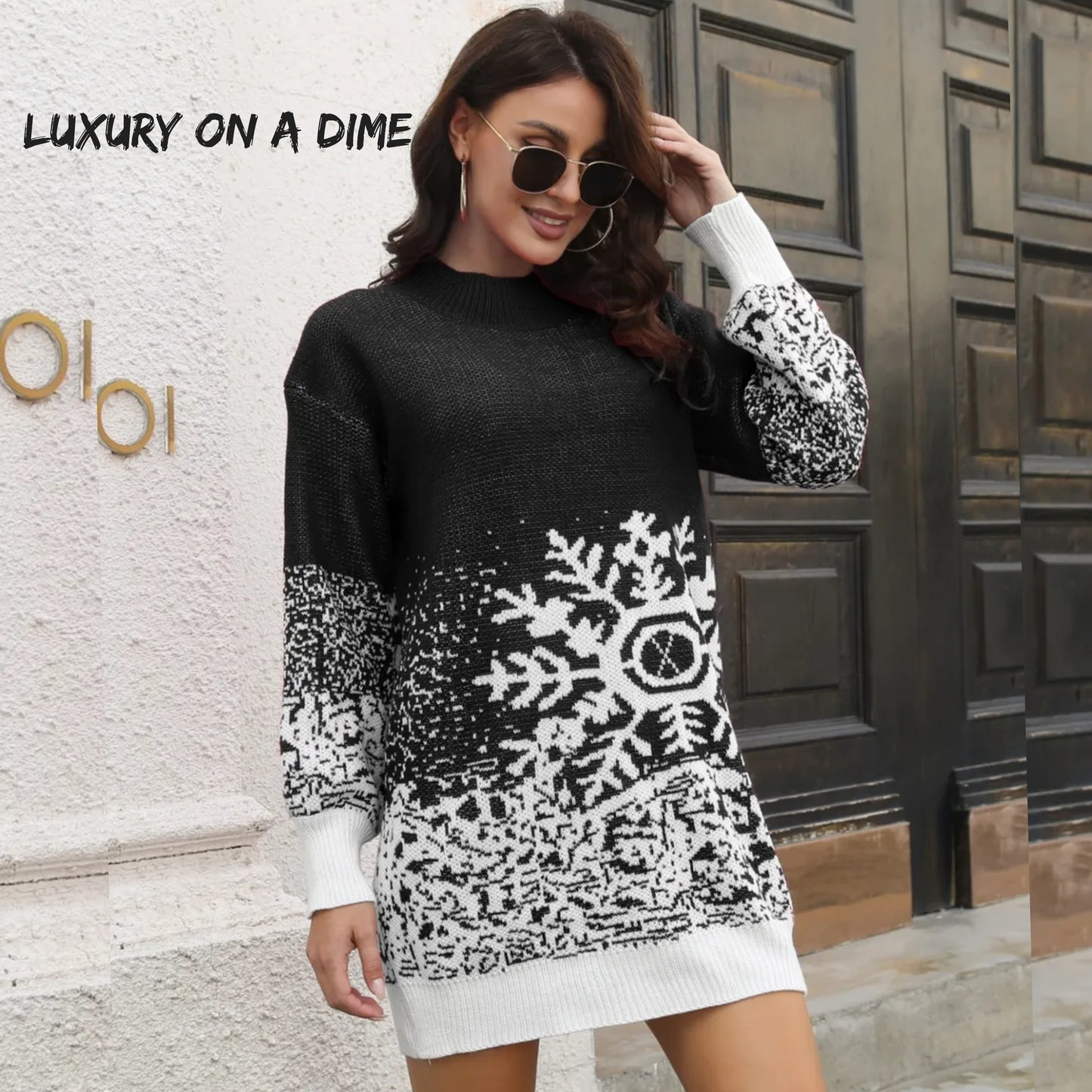 Contrasting Color Snowflake Classic Knit Long Sleeve Mini Sweater Dress