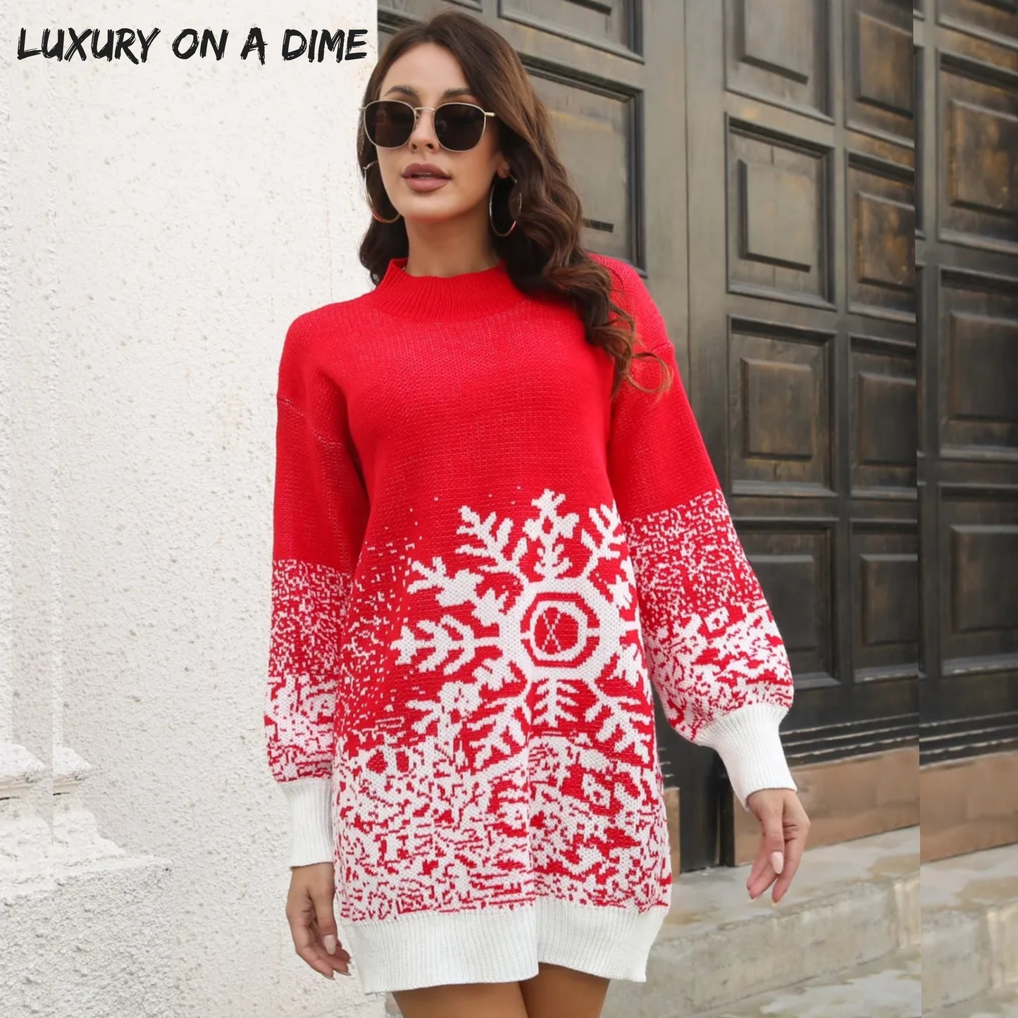 Contrasting Color Snowflake Classic Knit Long Sleeve Mini Sweater Dress