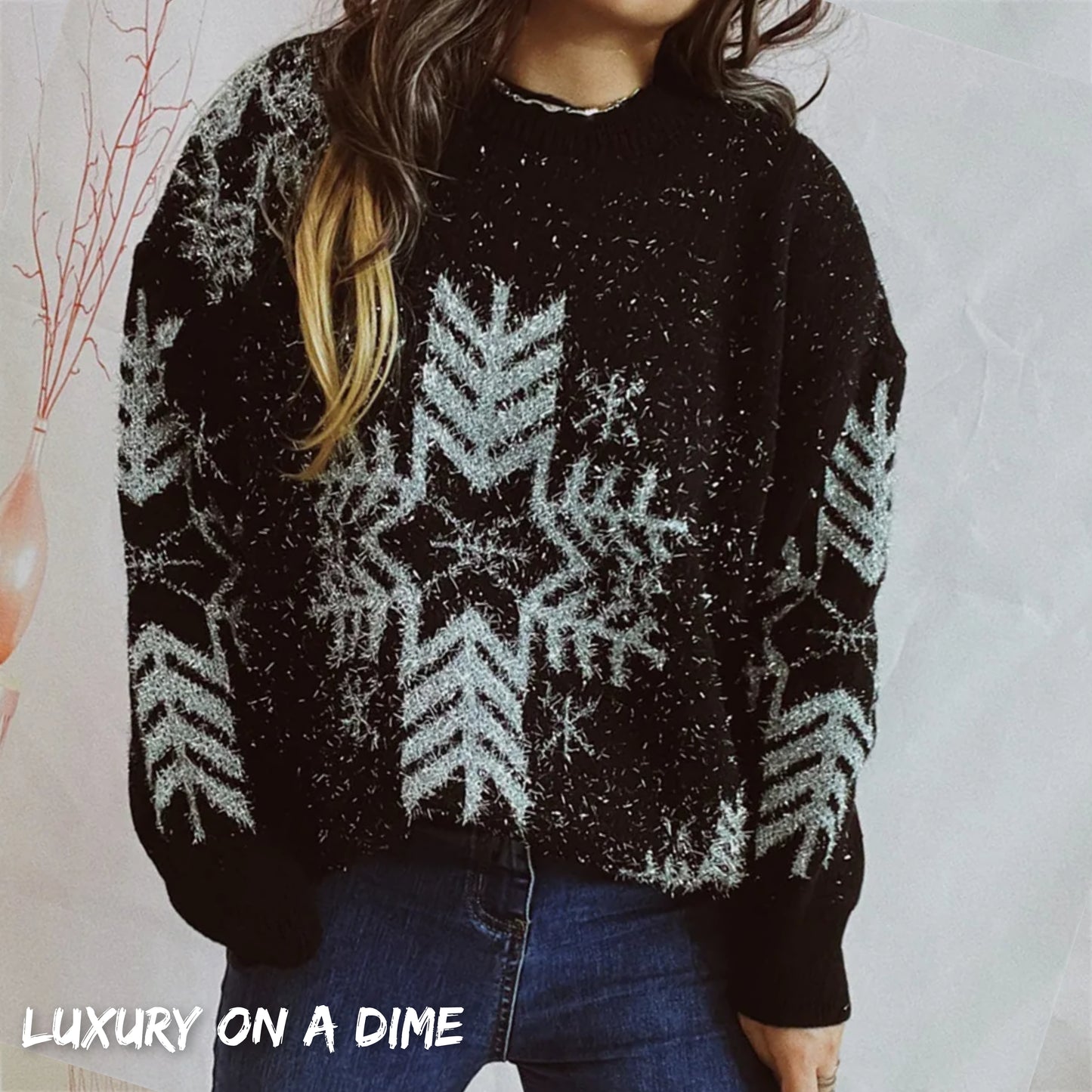 Fuzzy Contrasting Snowflake Knit Round Neck Classy Minimalist Winter Sweater