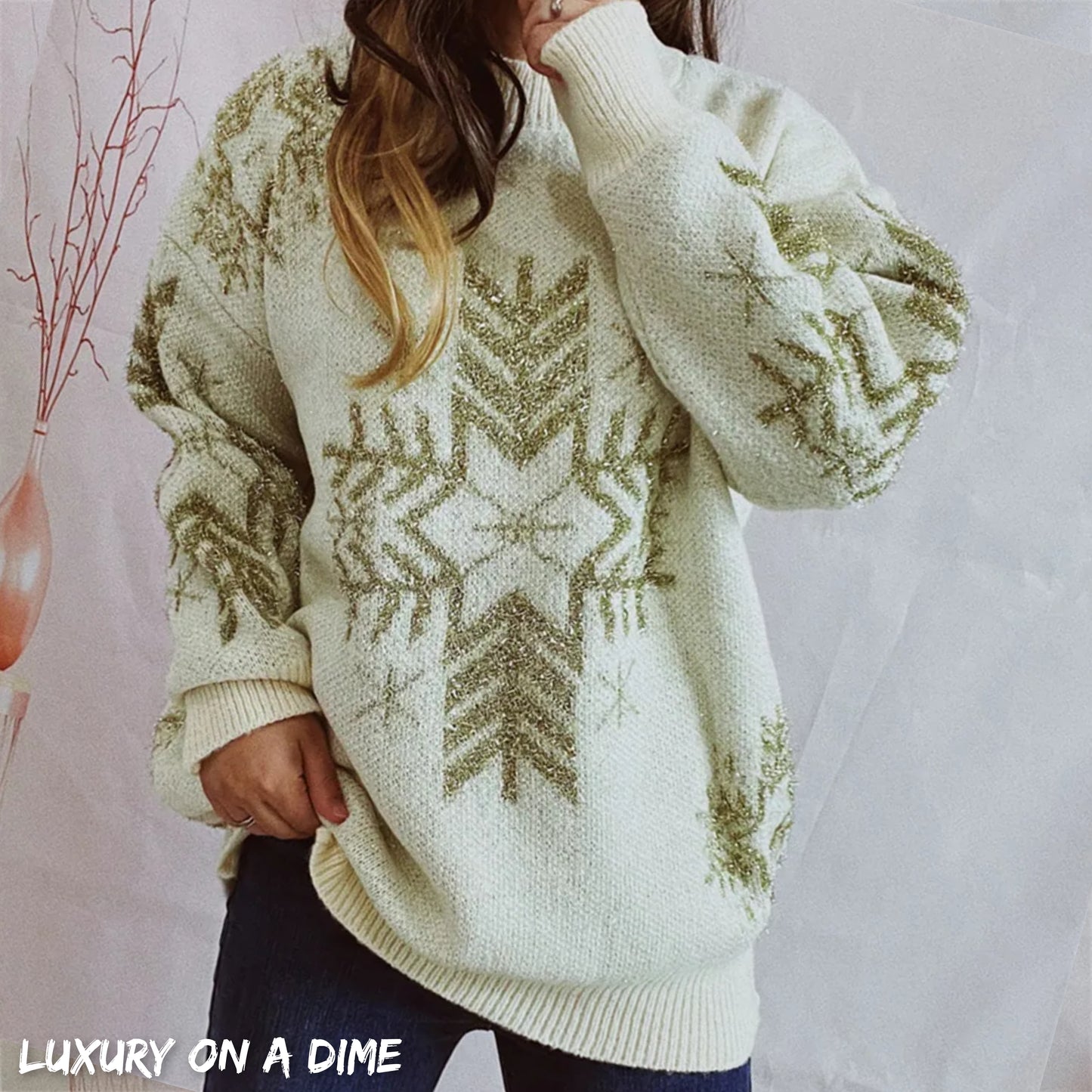 Fuzzy Contrasting Snowflake Knit Round Neck Classy Minimalist Winter Sweater
