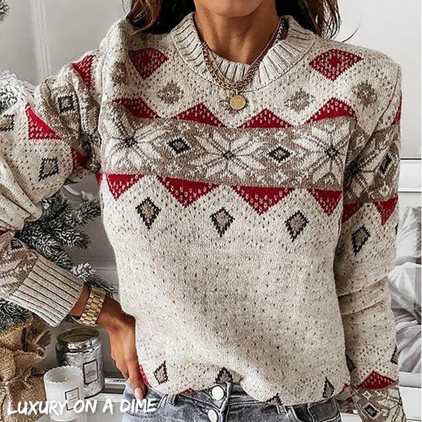 Geometric Fair Isle Contrasting Winter Snowflake Long Sleeve Minimalist Sweater