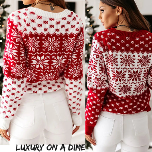 Fair Isle Contrast Color Winter Snowflake Long Sleeve Minimalist Sweater Top