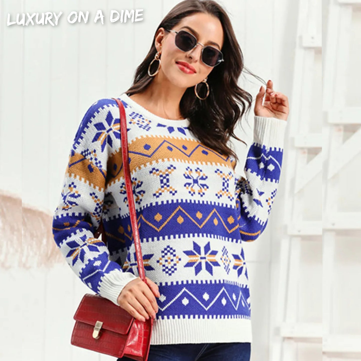 Bold Fair Isle Contrast Winter Snowflake Long Sleeve Minimalist Sweater