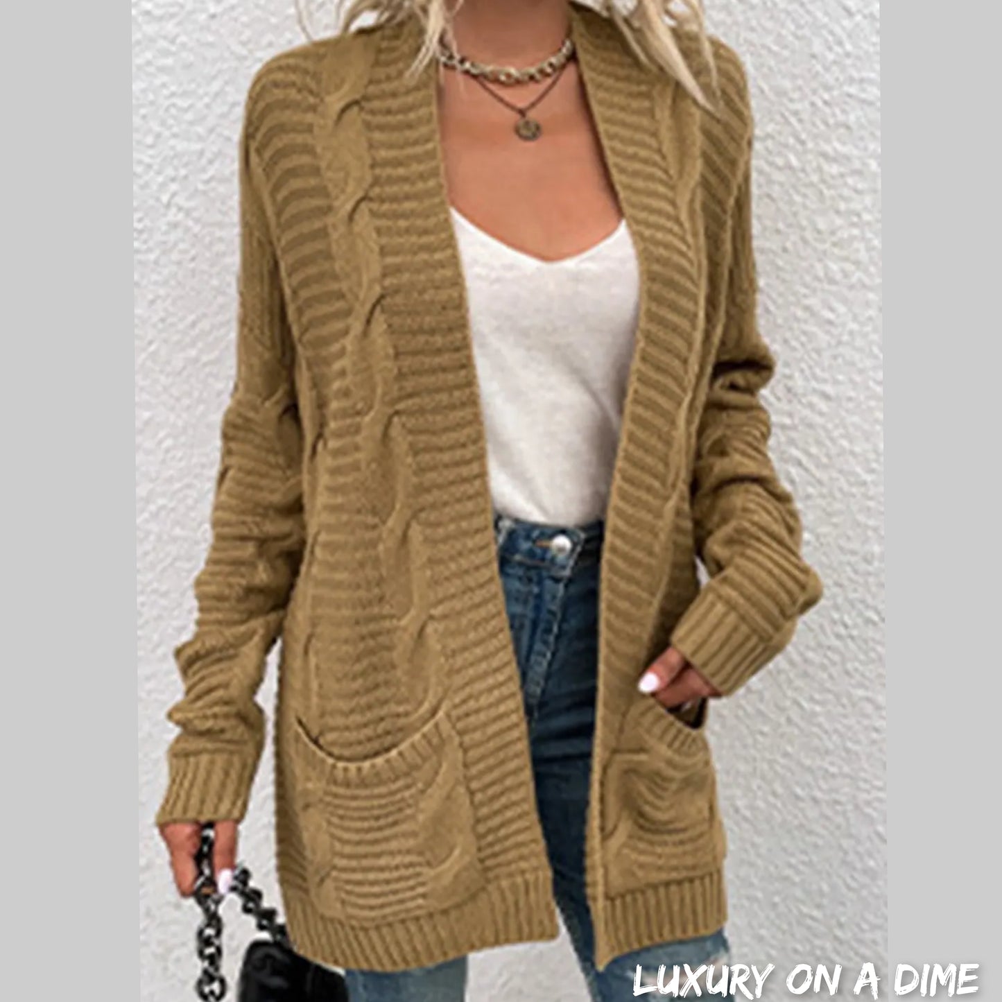Oversized Cable Knit Classic Open Front Patch Pocket Cardigan Fall Winter
