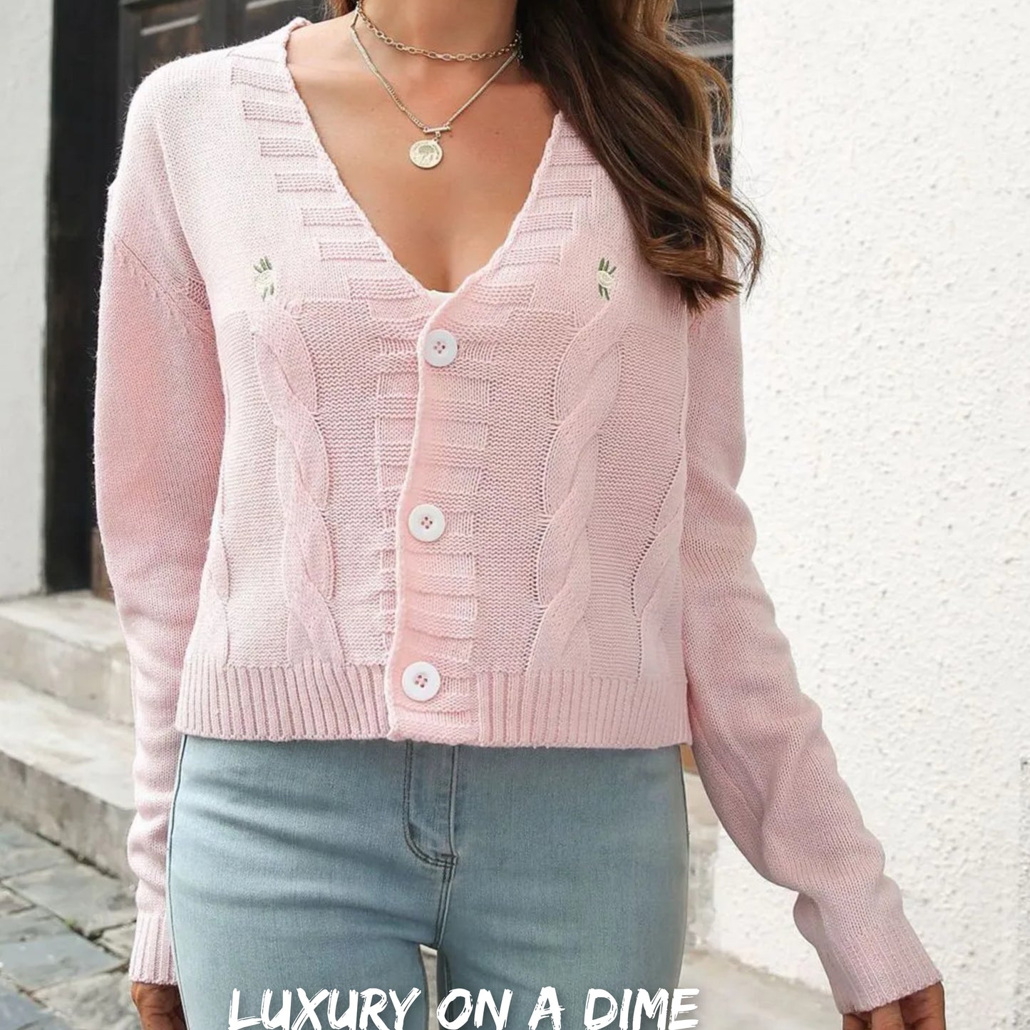 Cropped Cable Knit Embroidered Classic Button Front Retro Long Sleeve Cardigan