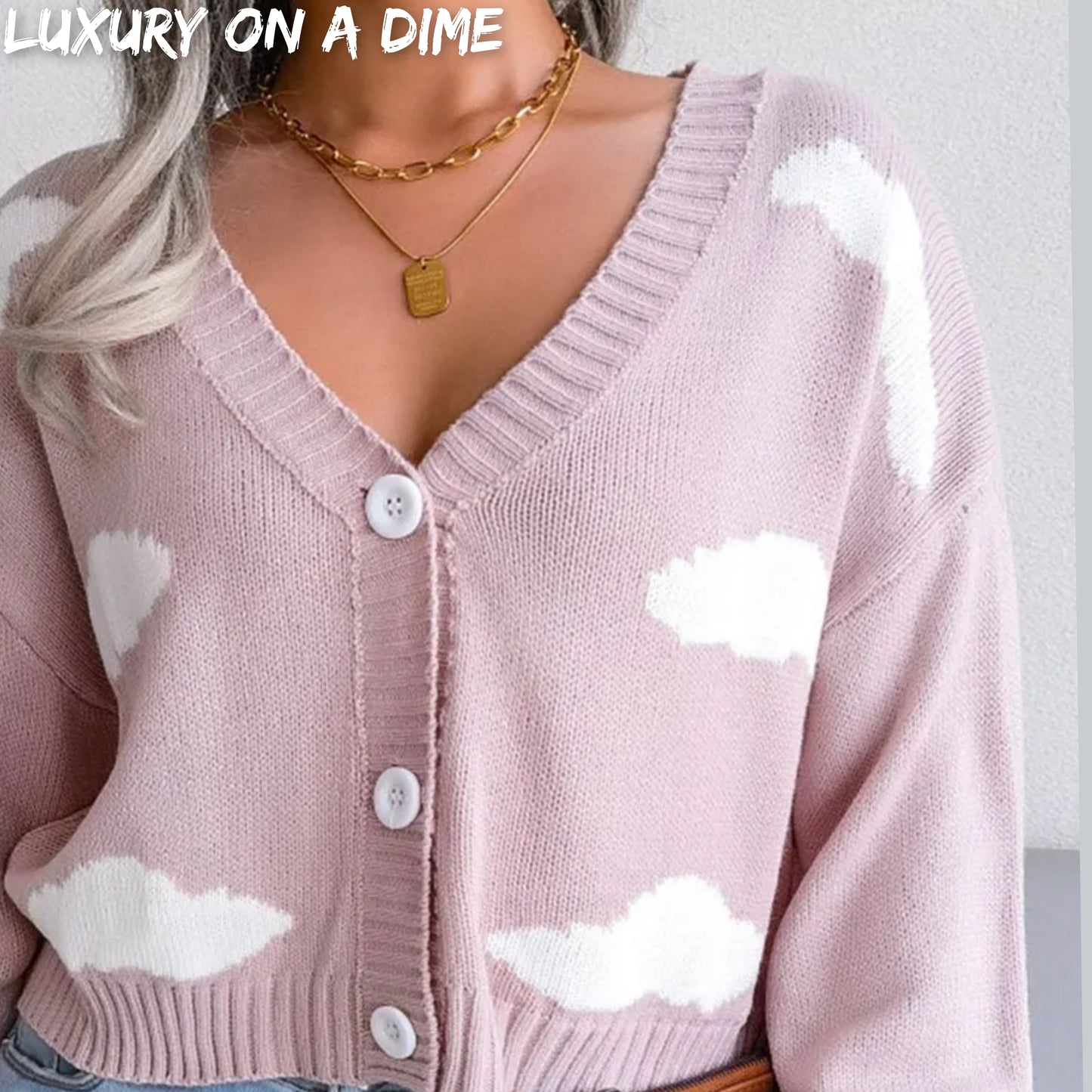 Cloud Print Cropped Classic Knit Button Front Retro Long Sleeve Cardigan