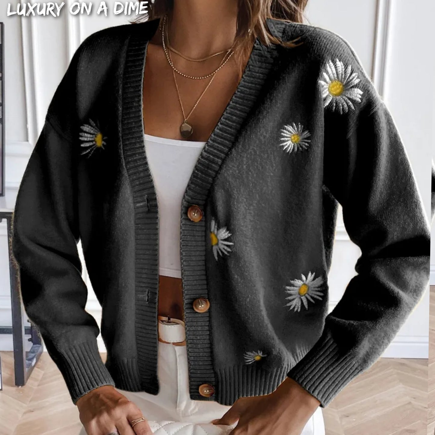 Embroidered Cropped Knit Button Front Retro Long Sleeve Soft Cardigan