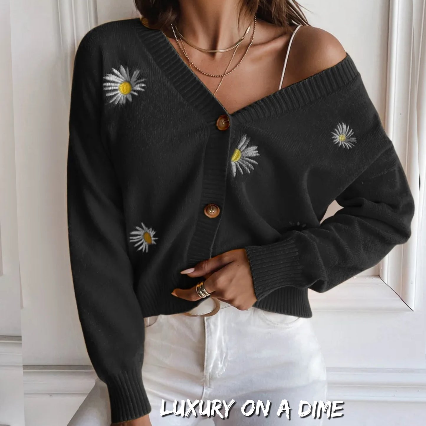 Embroidered Cropped Knit Button Front Retro Long Sleeve Soft Cardigan