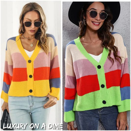 Cropped Color Block Waffle Knit Button Front Retro Long Sleeve Cardigan Sweater