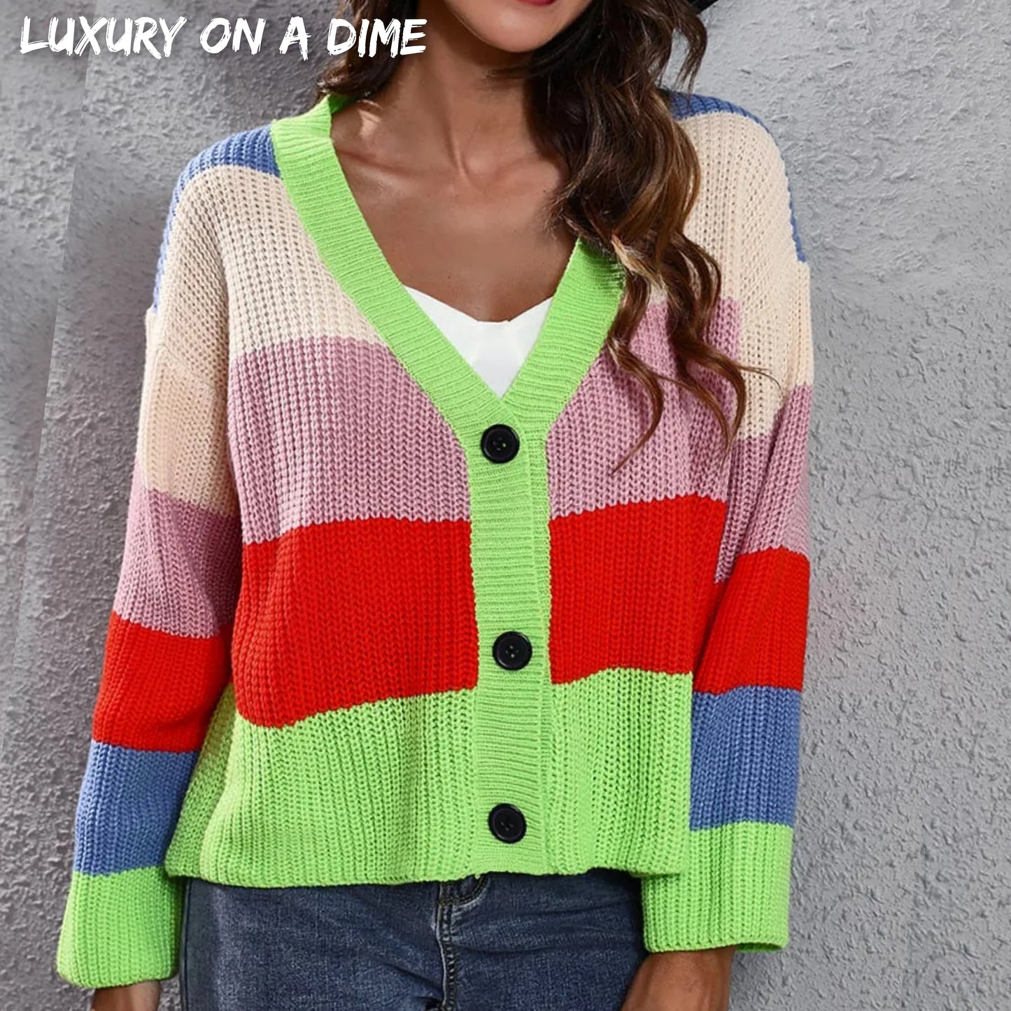 Cropped Color Block Waffle Knit Button Front Retro Long Sleeve Cardigan Sweater