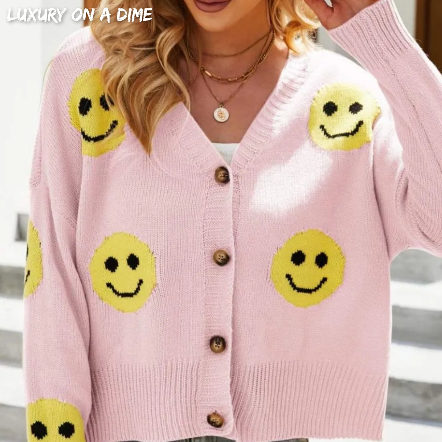 Retro Smiley Face Cropped Classic Knit Button Front Long Sleeve Cardigan