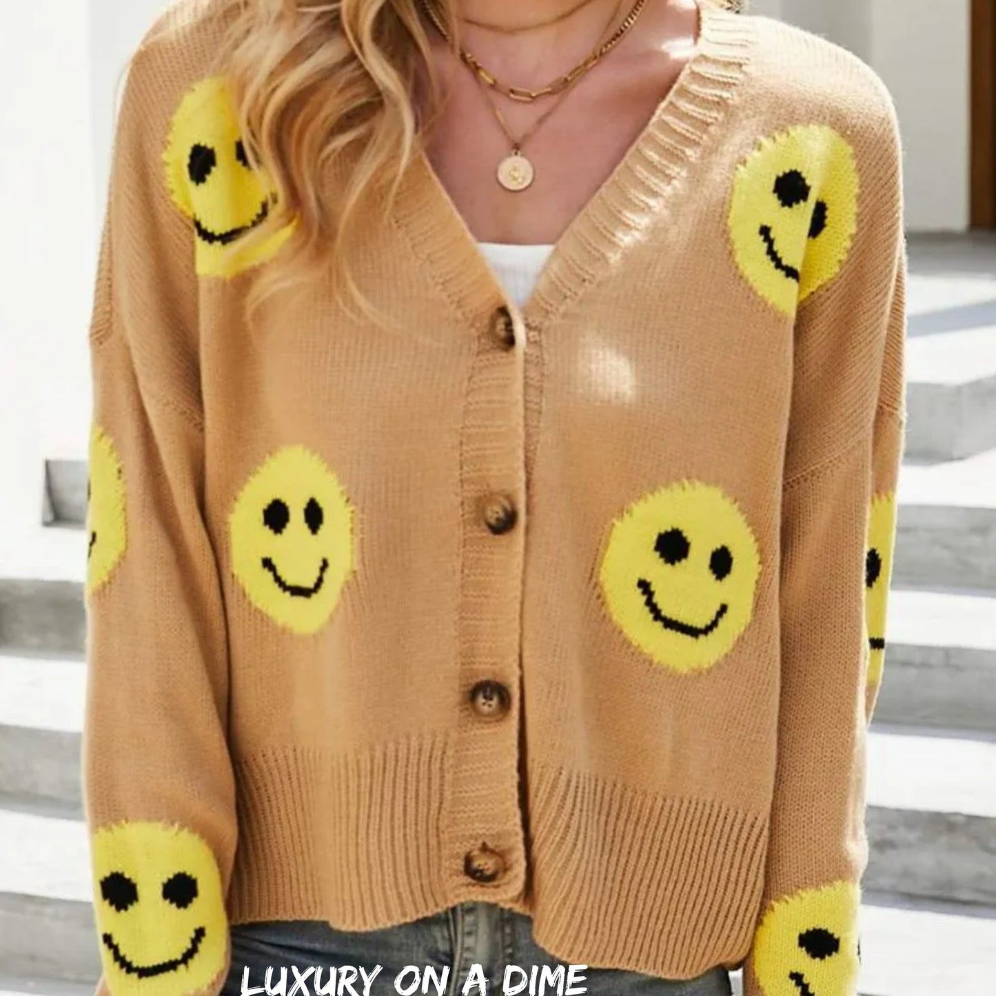 Retro Smiley Face Cropped Classic Knit Button Front Long Sleeve Cardigan