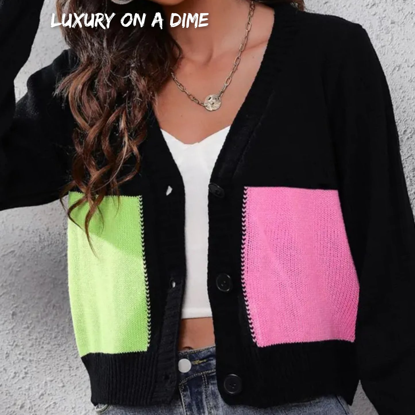 Color Block Cropped Classic Knit Button Front Long Sleeve Casual Cardigan