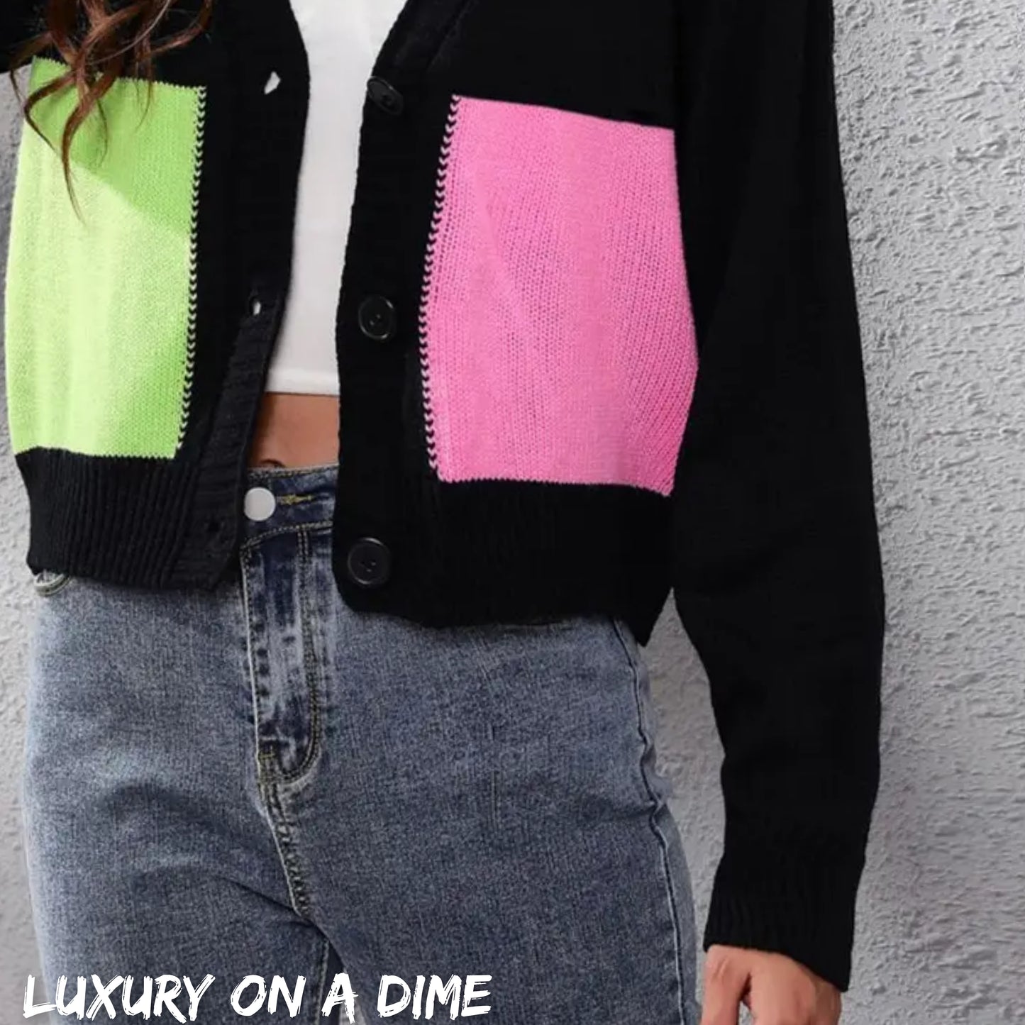 Color Block Cropped Classic Knit Button Front Long Sleeve Casual Cardigan