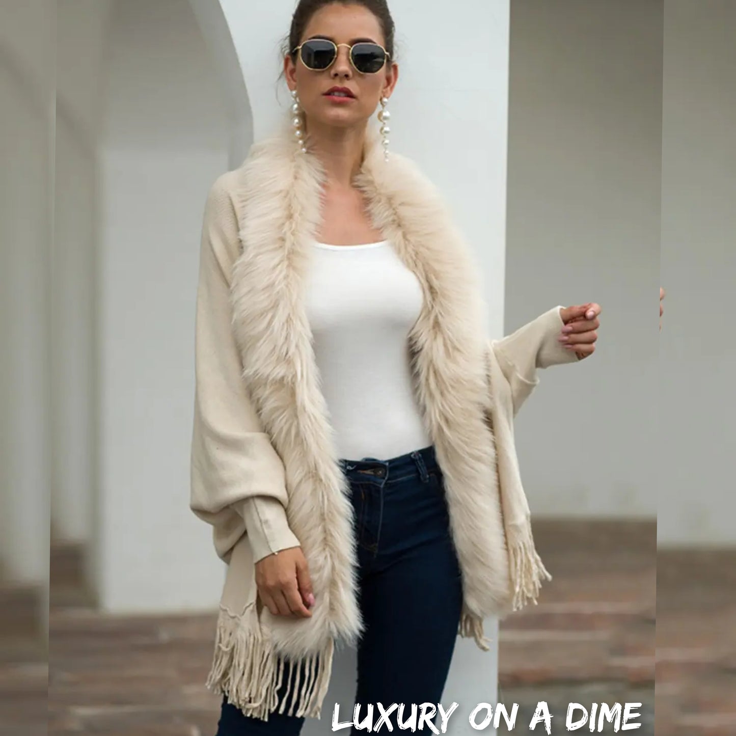 Plush Faux Fur Retro Fringe Hem Open Front Knit Poncho Knit Cardigan