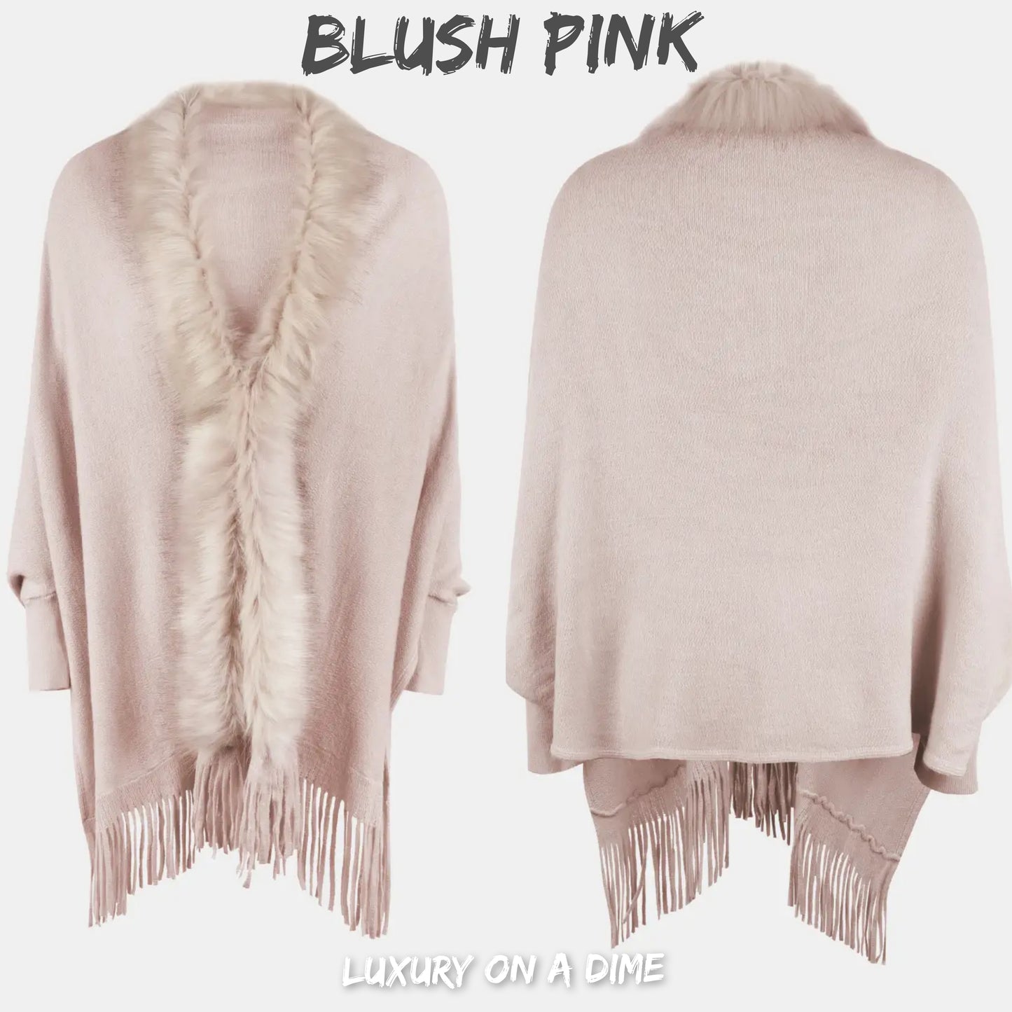 Plush Faux Fur Retro Fringe Hem Open Front Knit Poncho Knit Cardigan