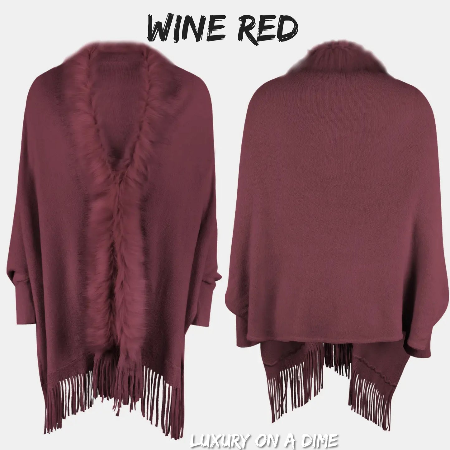 Plush Faux Fur Retro Fringe Hem Open Front Knit Poncho Knit Cardigan