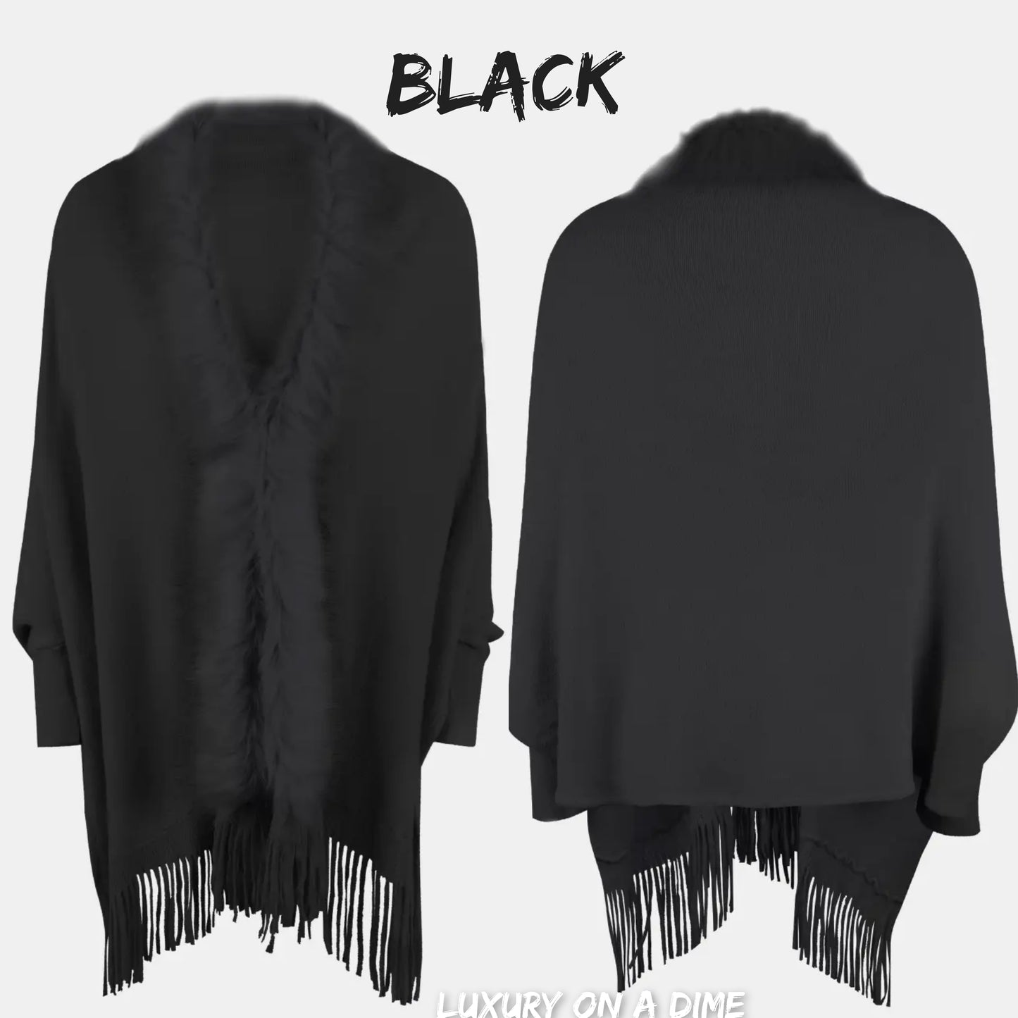 Plush Faux Fur Retro Fringe Hem Open Front Knit Poncho Knit Cardigan