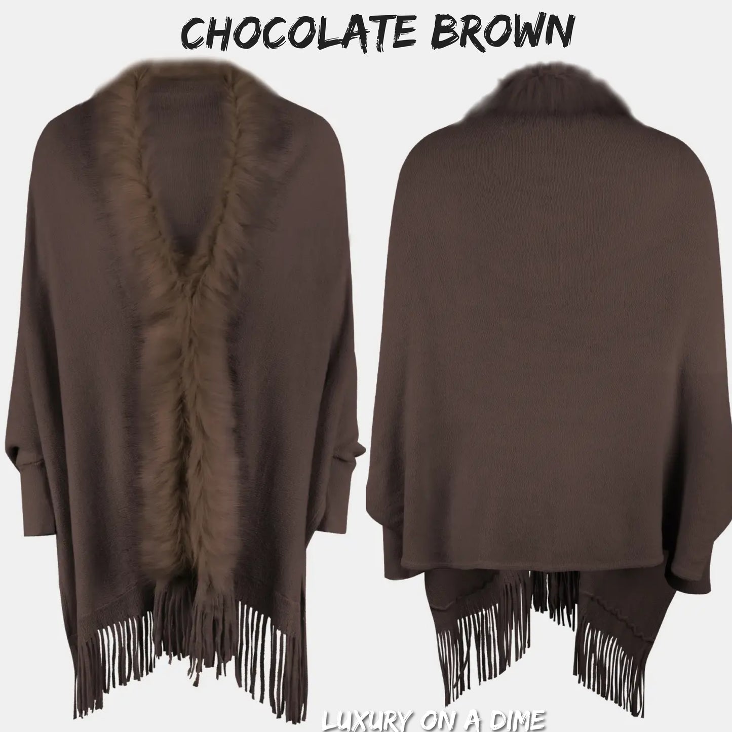 Plush Faux Fur Retro Fringe Hem Open Front Knit Poncho Knit Cardigan