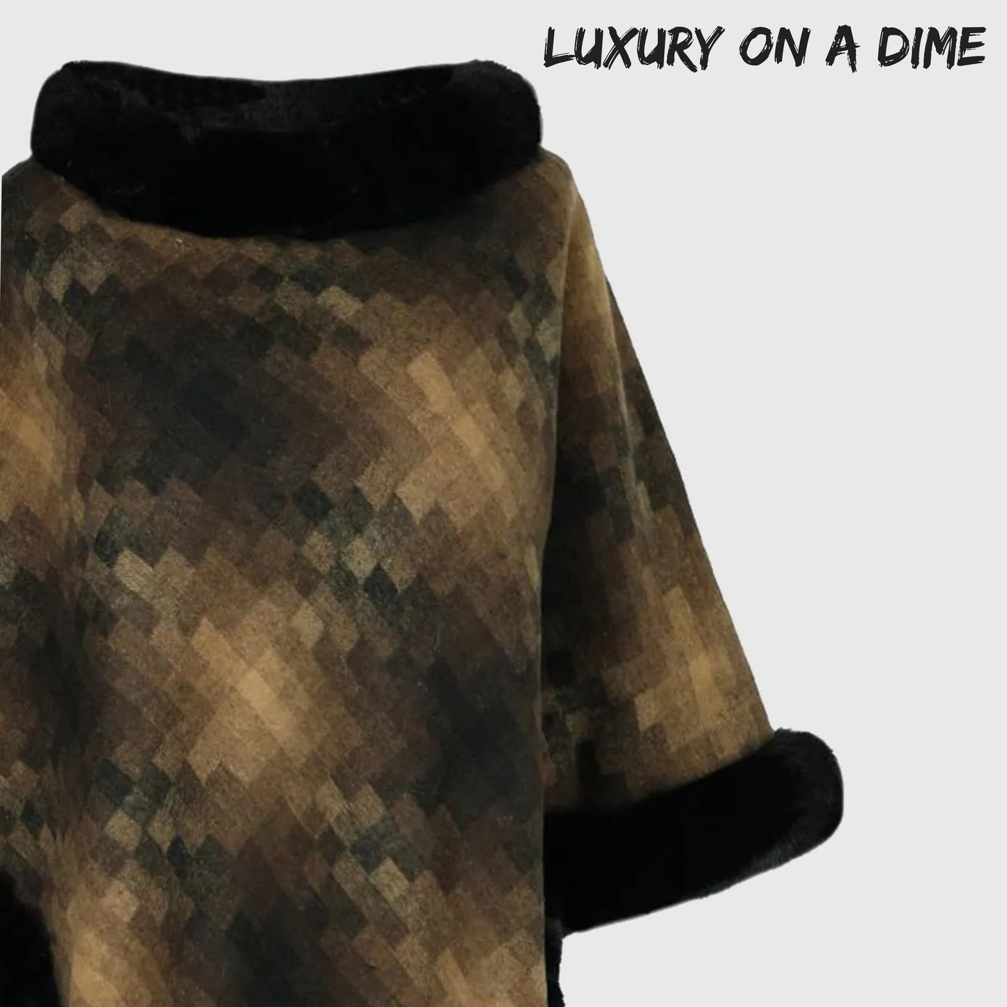 Faux Plush Fur Checker Ombre Glitch Oversized Pullover Sweater Jacket Poncho
