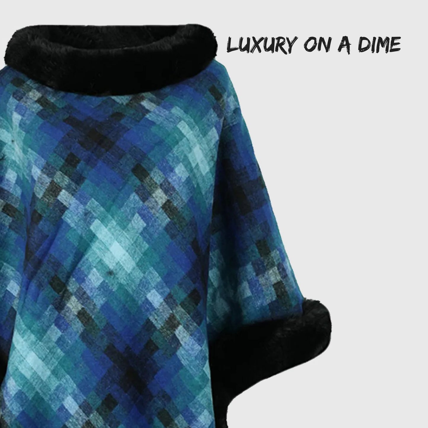 Faux Plush Fur Checker Ombre Glitch Oversized Pullover Sweater Jacket Poncho