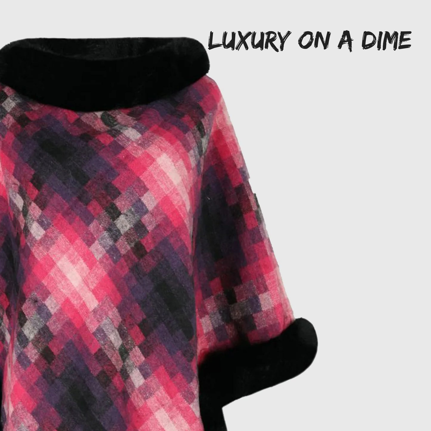 Faux Plush Fur Checker Ombre Glitch Oversized Pullover Sweater Jacket Poncho