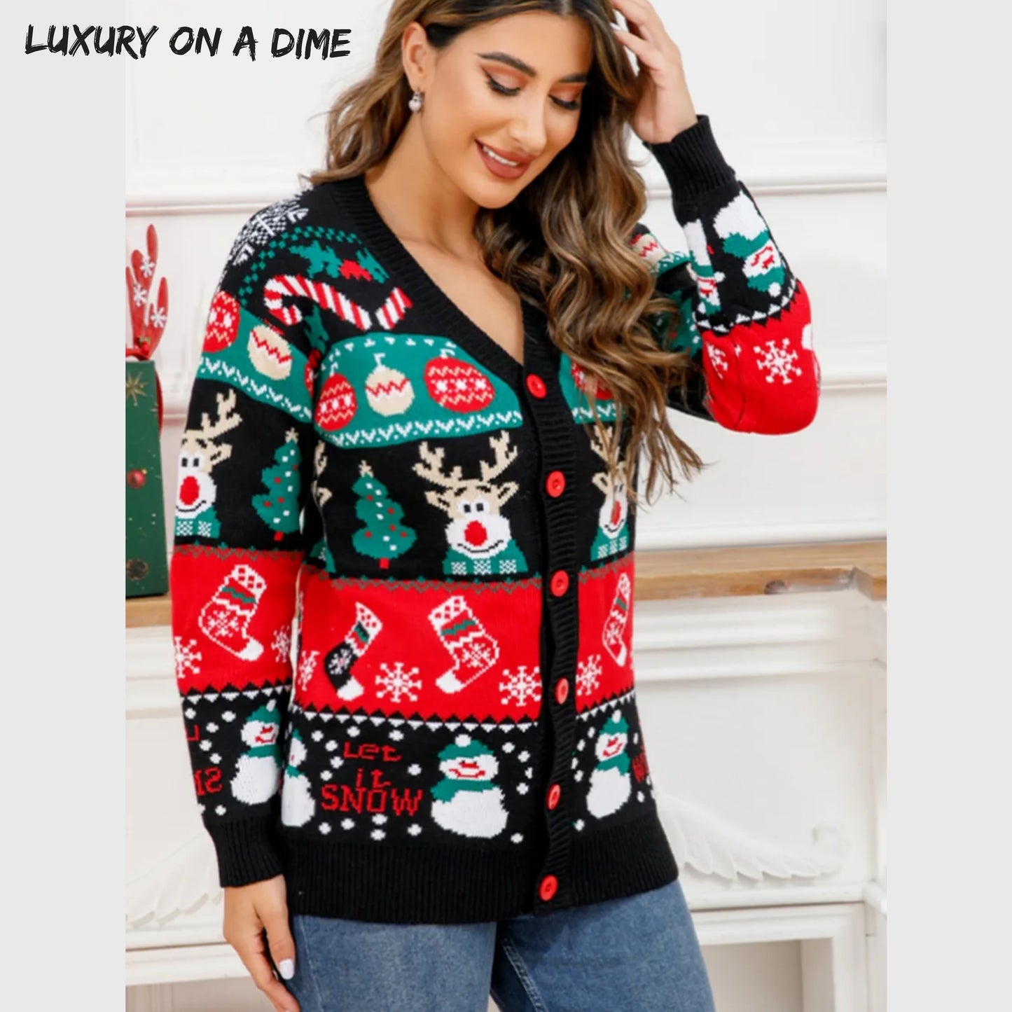 Christmas Let it Snow Long Sleeve Button Fun Colorful Knit Sweater Cardigan