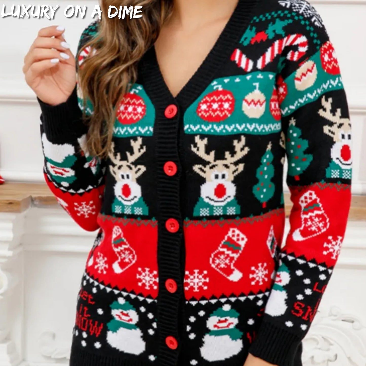 Christmas Let it Snow Long Sleeve Button Fun Colorful Knit Sweater Cardigan