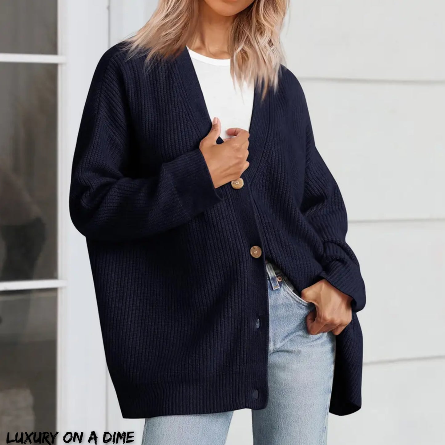Ribbed Knit Oversized Button Front Classic Long Sleeve Button Front Cardigan