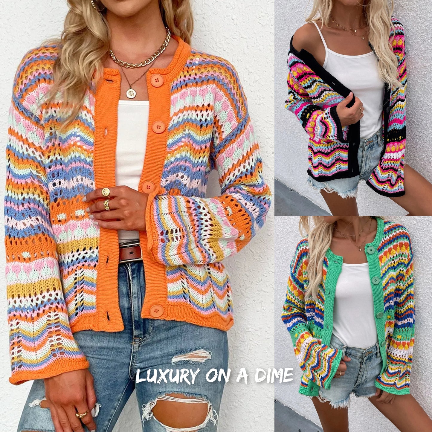 Bright Chevron Stripe Openwork Knit Button Front Long Sleeve Retro Cardigan