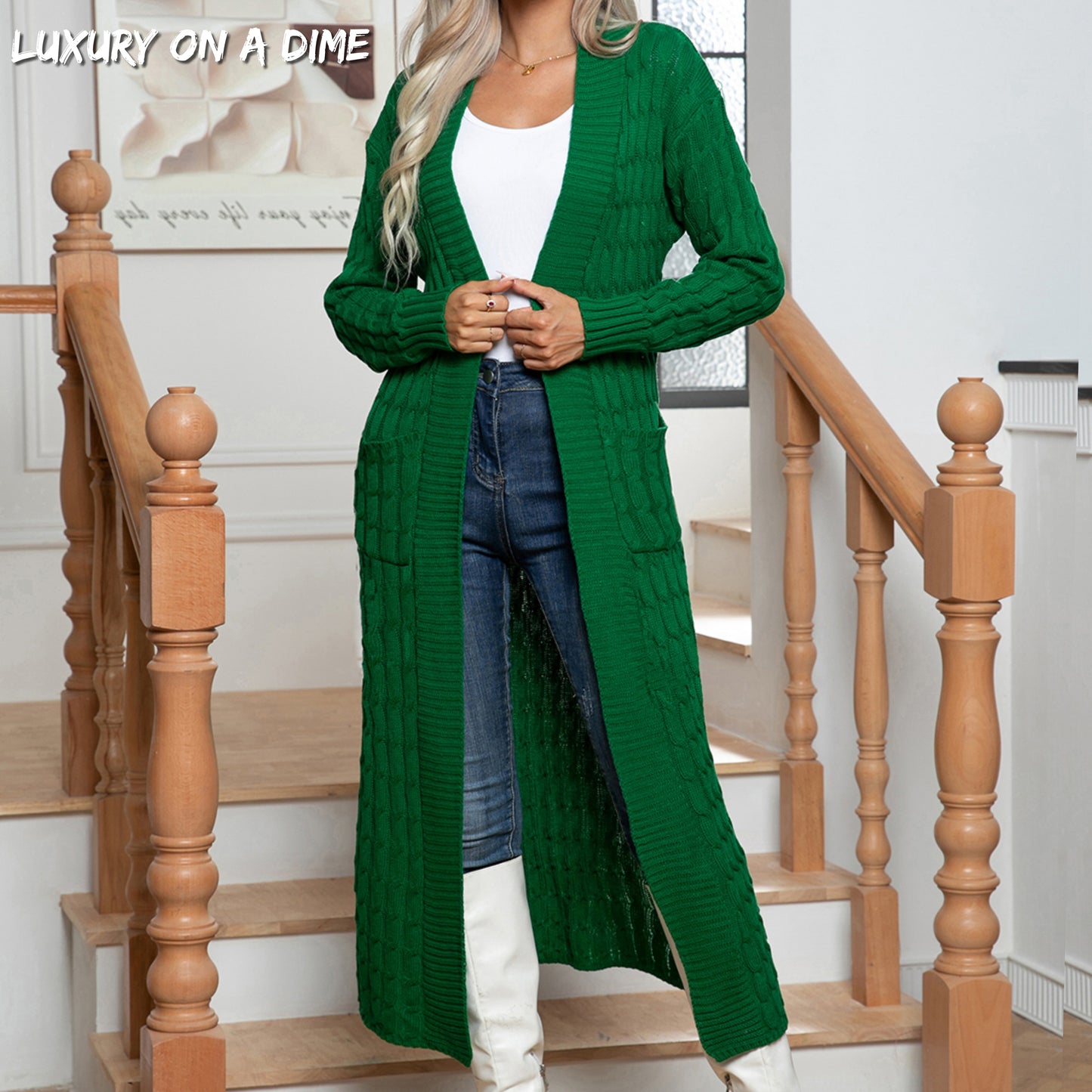 Cable Knit Long Sleeve Open Front Pocket Casual Sweater Cardigan Longline Duster