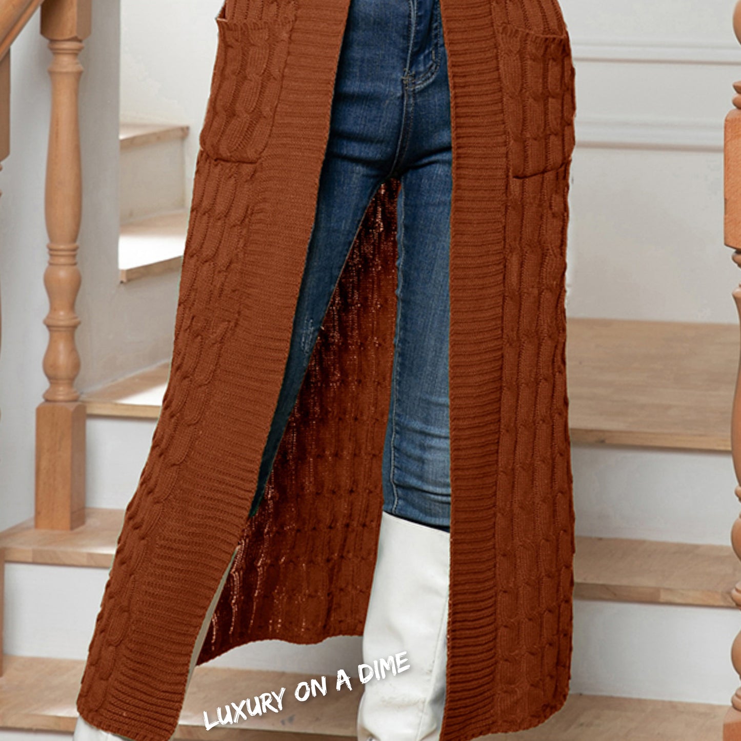 Cable Knit Long Sleeve Open Front Pocket Casual Sweater Cardigan Longline Duster
