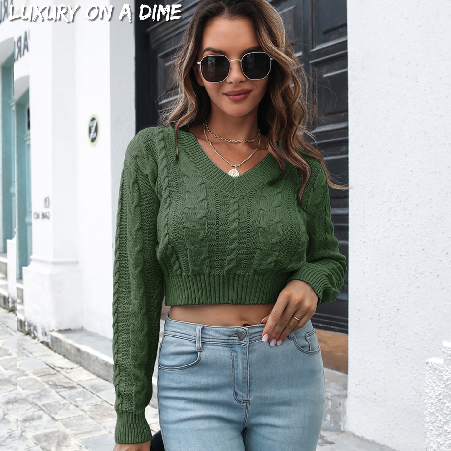 Cable Knit Crop Top V-neck Long Sleeve Minimalist Pullover Sweater Shirt