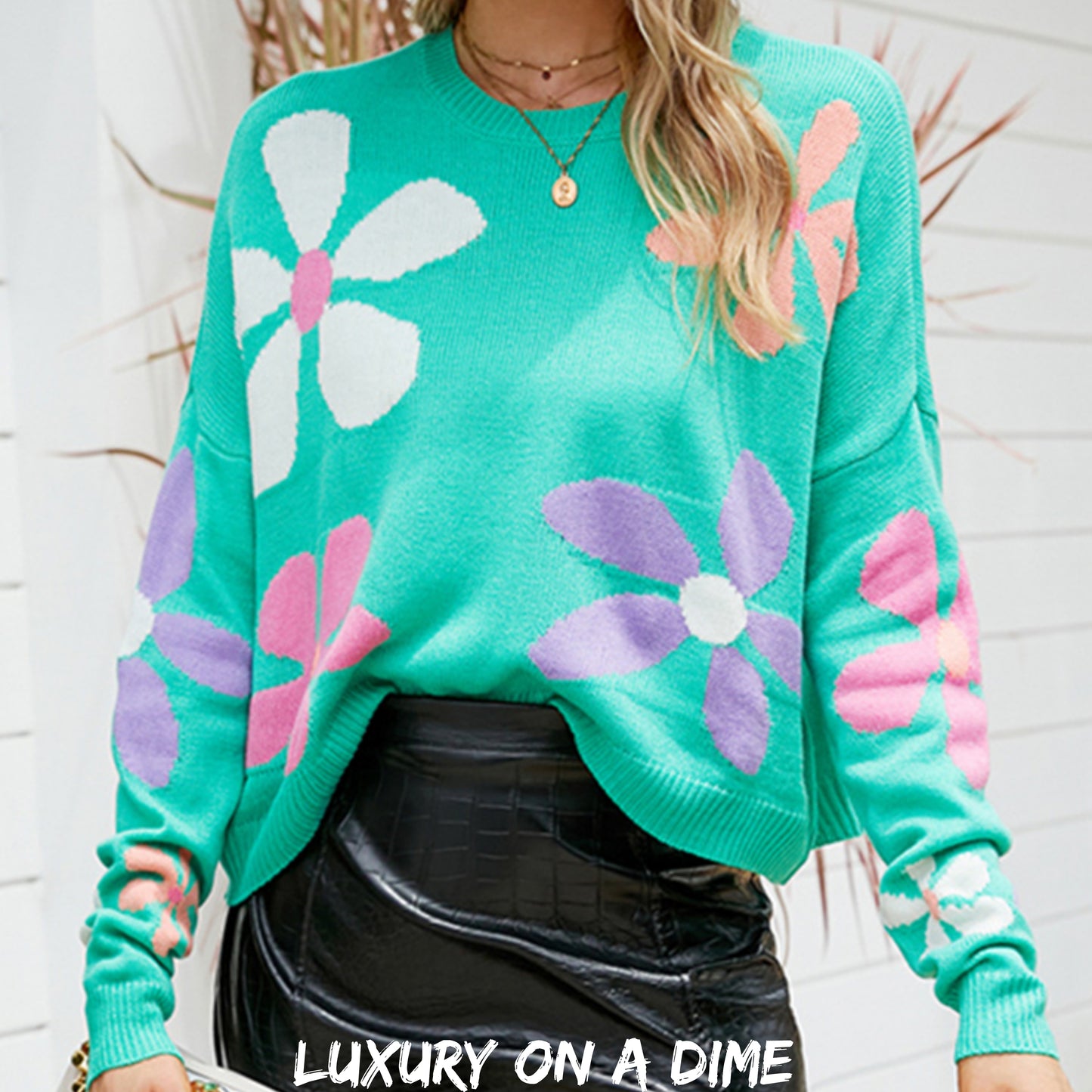 Colorful Knit Daisy Retro Flower Crop Top Long Sleeve Round Neck Sweater Shirt
