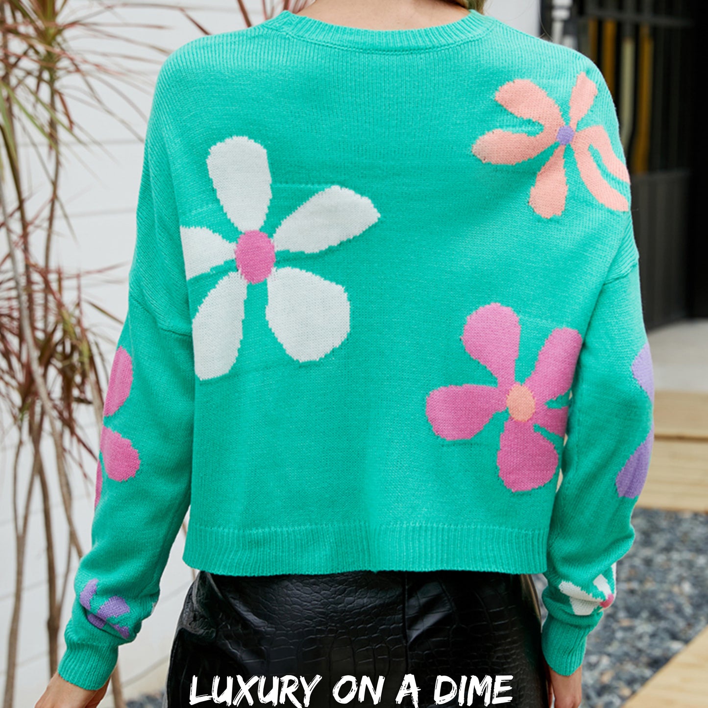 Colorful Knit Daisy Retro Flower Crop Top Long Sleeve Round Neck Sweater Shirt