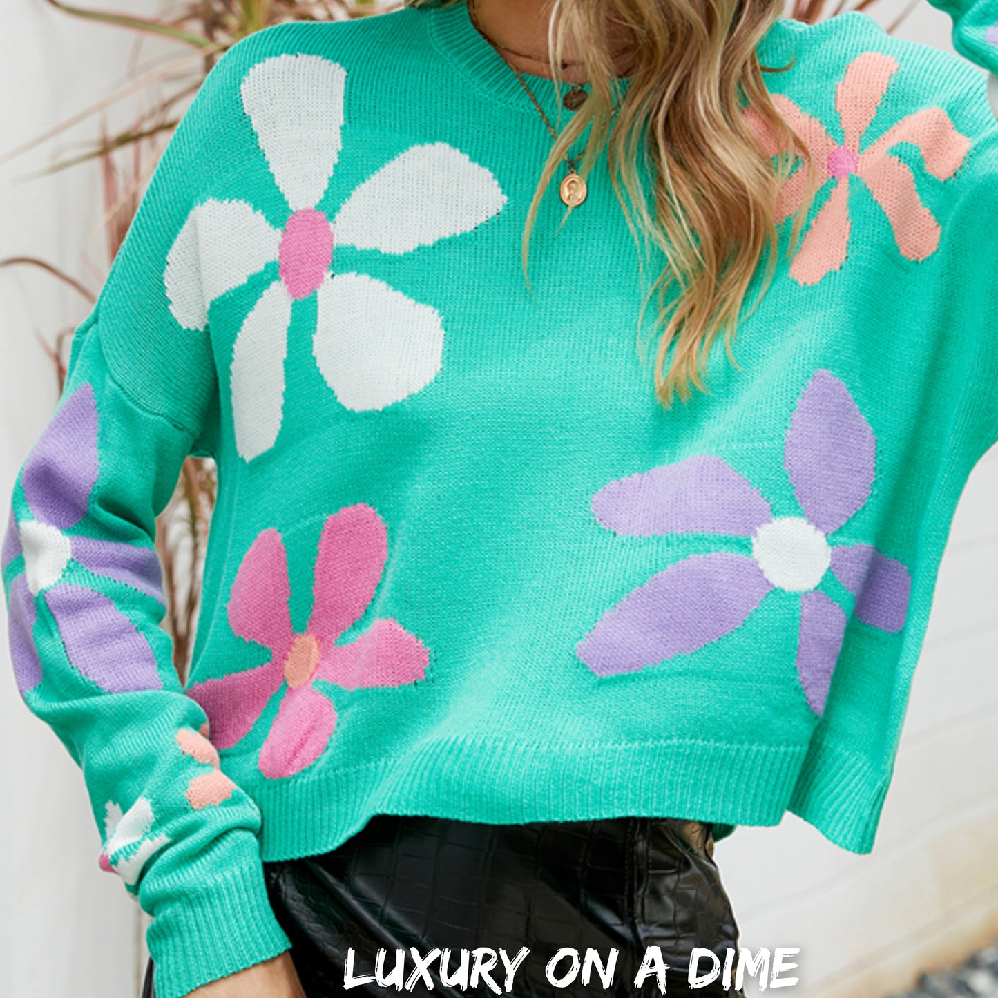 Colorful Knit Daisy Retro Flower Crop Top Long Sleeve Round Neck Sweater Shirt