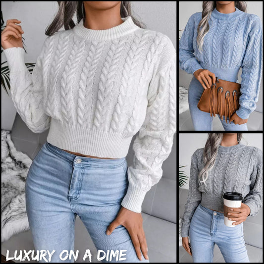 Classic Cable Knit Crop Top Round Neck Long Sleeve Minimalist Sweater Shirt