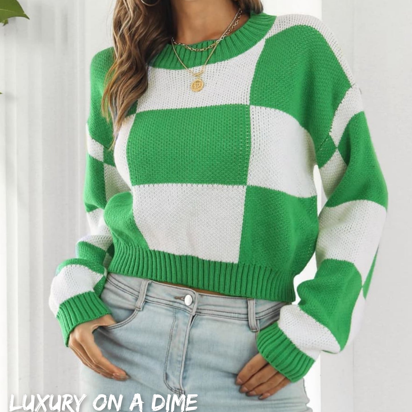 Checker Color Block Knit Crop Top Round Neck Long Sleeve Minimalist Sweater Shirt