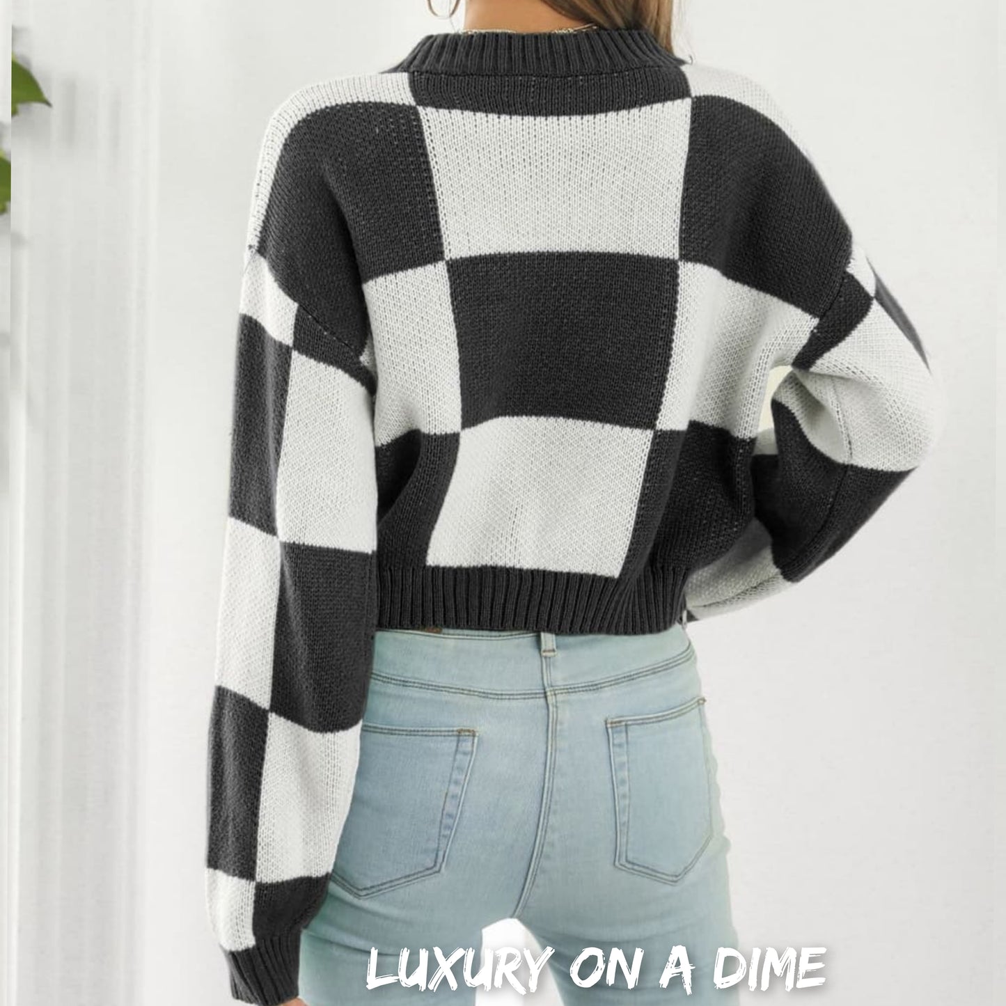 Checker Color Block Knit Crop Top Round Neck Long Sleeve Minimalist Sweater Shirt