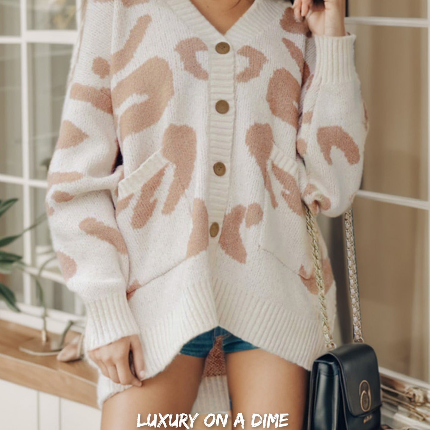 Oversized Leopard Knit Button Front Long Sleeve Pocket Sweater Cardigan