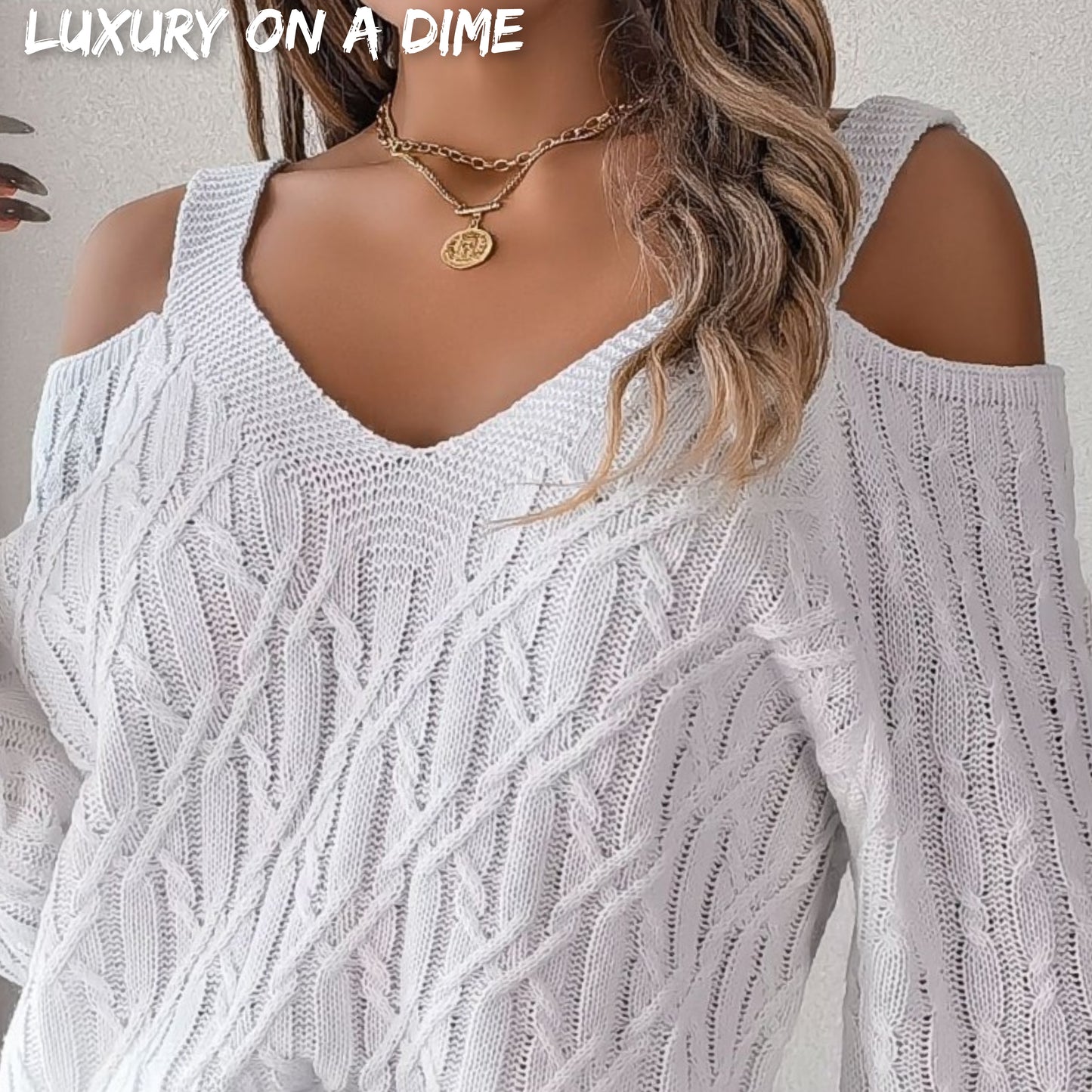 Cable-Knit Woven Top Cold Shoulder Long Sleeve V-neck Cozy Sweater Shirt