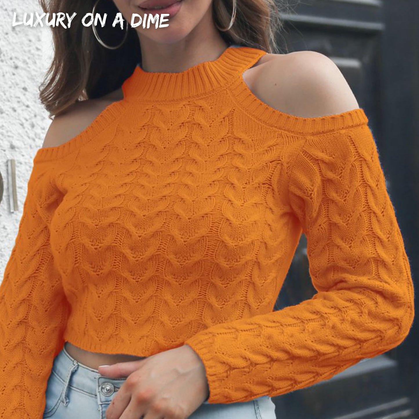Cable-Knit Woven Cold Shoulder Long Sleeve Crop Top Round Neck Sweater Shirt