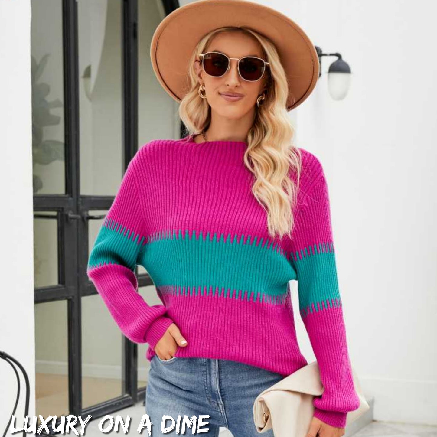 Contrasting Color Block Ribbed Knit Long Sleeve Patchwork Minimalist Sweater