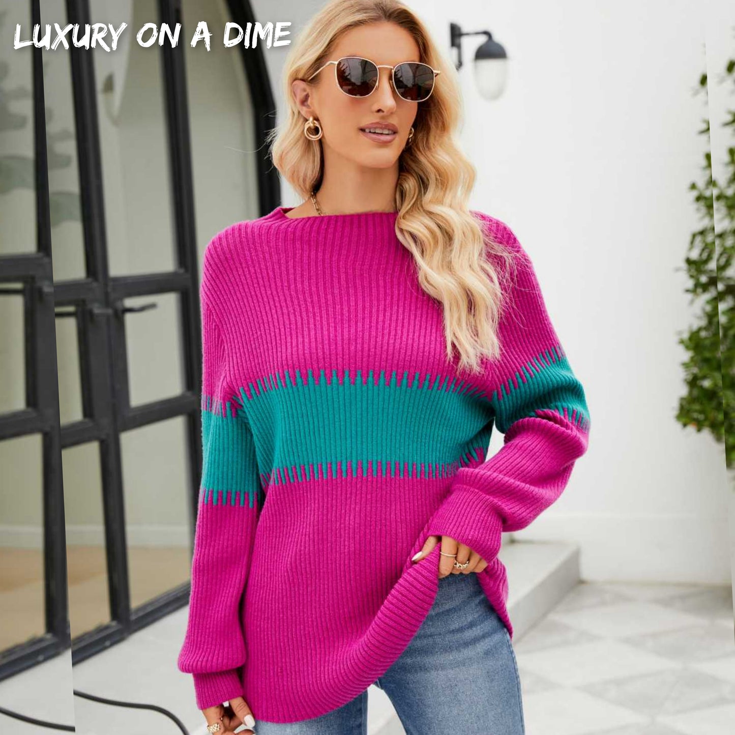 Contrasting Color Block Ribbed Knit Long Sleeve Patchwork Minimalist Sweater