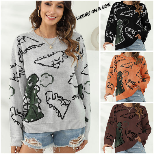 Knit Dinosaur Print Round Neck Long Sleeve Oversized Fun Pullover Sweater